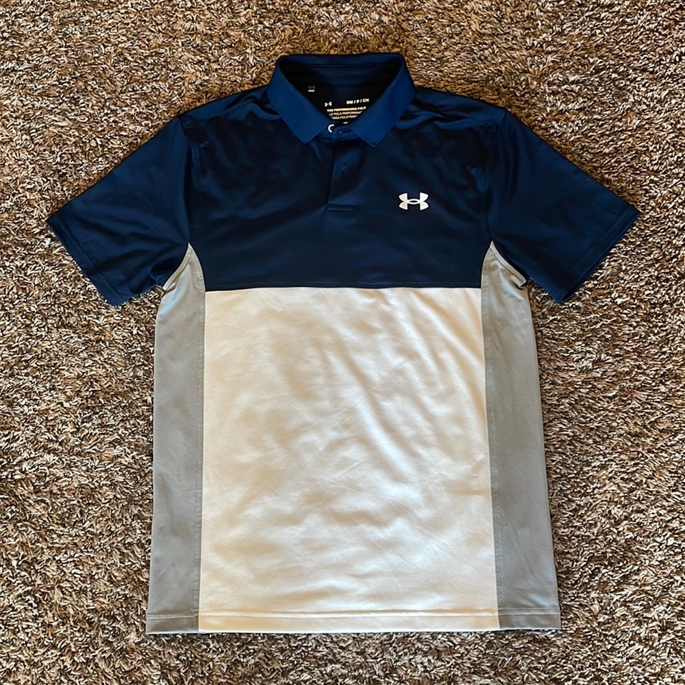 Small Under Armour Golf Polo Navy, White and Gray